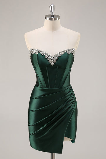 Dark Green Strapless Corset Bodycon Cocktail Dress
